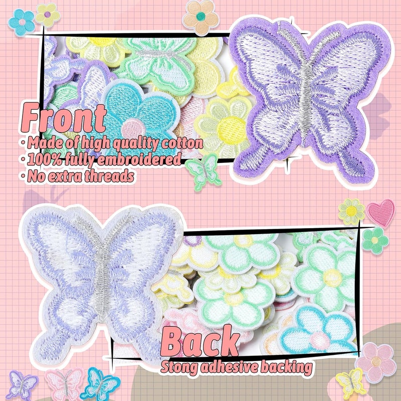 NICEVINYL Iron on Embroidery Patches Flower for Clothing: 100PCS Pastel Butterfly Heart Embroidered Patches - Cute Sew on Small Applique Patches for Fabric Jackets Jeans - Image 4